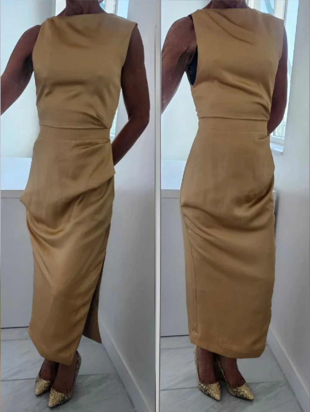 Friend Of Audrey Australia Gold Rouched Satin Asymmetric Sleeveless Midi Dress